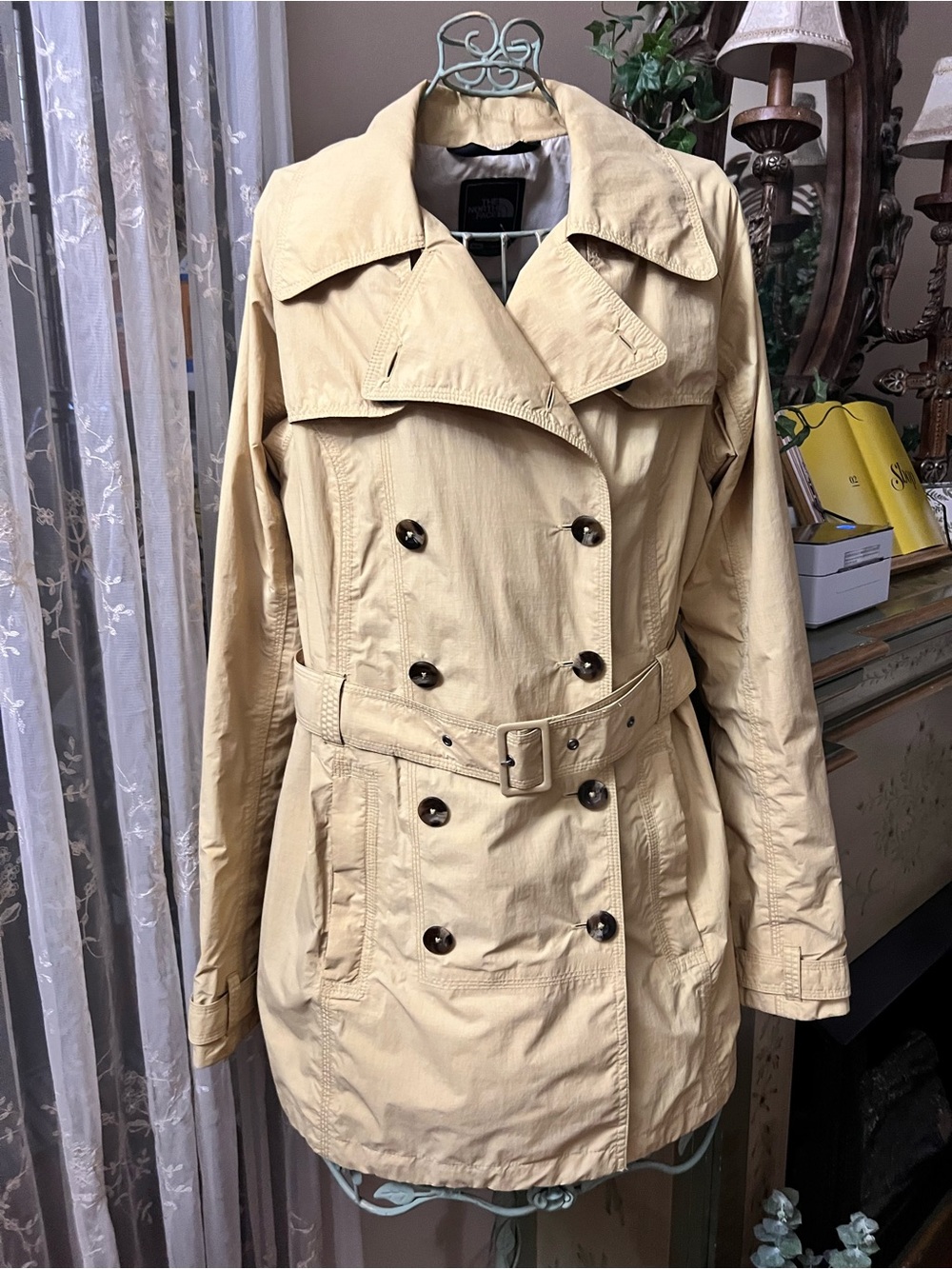 The North Face Light Mustard Women's Double-Breasted Trench Coat with Belt